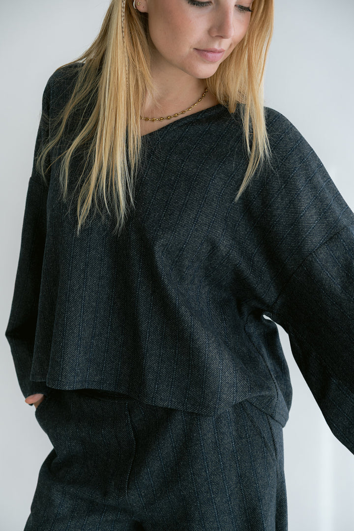 Mira Blouse Grey Cobalt Stripe